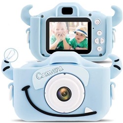 Детский фотоаппарат монстрик с фронтальной камерой и чехол СИНИЙ