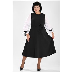 Платье-сарафан черное с белыми длинными рукавами приталенное с поясом
