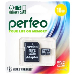 Карта памяти Micro-SDHC  16Гб "Perfeo" Class10, + адаптер SD